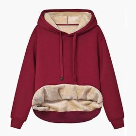 Autumn And Winter Warm Lamb Fleece Pocket Hooded Sports Sweatshirt Jacket For Women (Option: Burgundy-M)