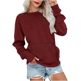 Women's Pin Solid Color Round Neck Loose Long-sleeved Sweater (Option: Wine Red-M)