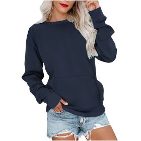 Women's Pin Solid Color Round Neck Loose Long-sleeved Sweater (Option: Navy Blue-L)