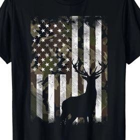 Camouflage American Flag Deer Elk Bucks Camouflage Hunter Dad Gift Short Sleeve T-shirt (Color: Black, size: XL)