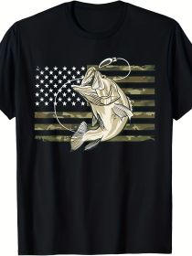 Fishing Camouflage American Flag Bass Fisherman Camouflage T-shirt (Color: Black, size: 5XL)